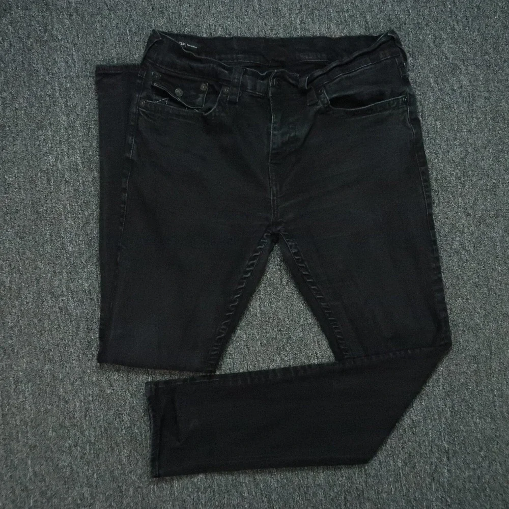True Religion Jeans Men 38x33 Black Rocco Relaxed Skinny 5 Pocket Flaps